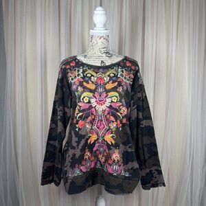 Floral Embroidered Camouflage Waffle knit Women's Top